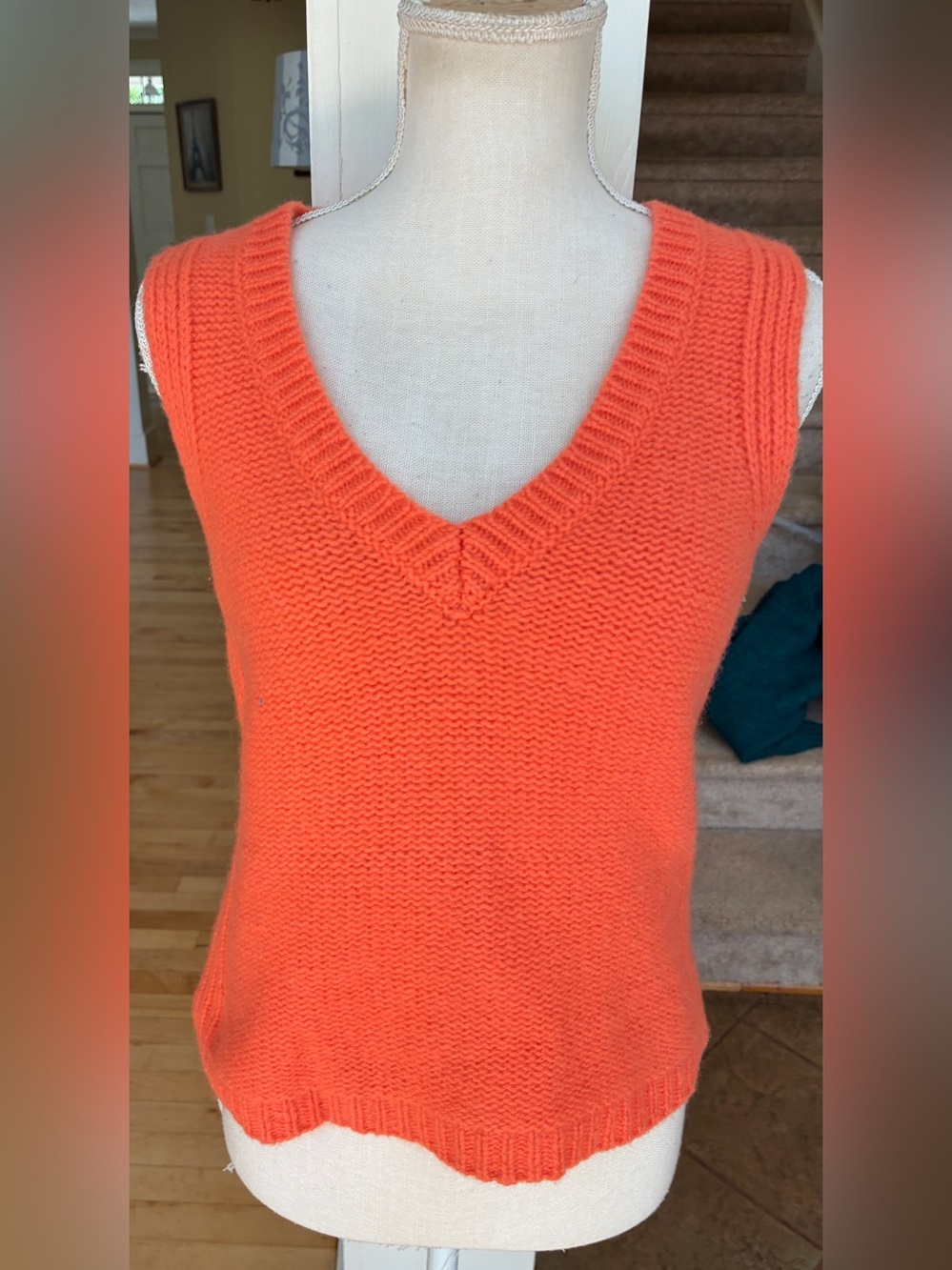 Moda International 100% Wool Orange V-Neck Knit Sweater Vest